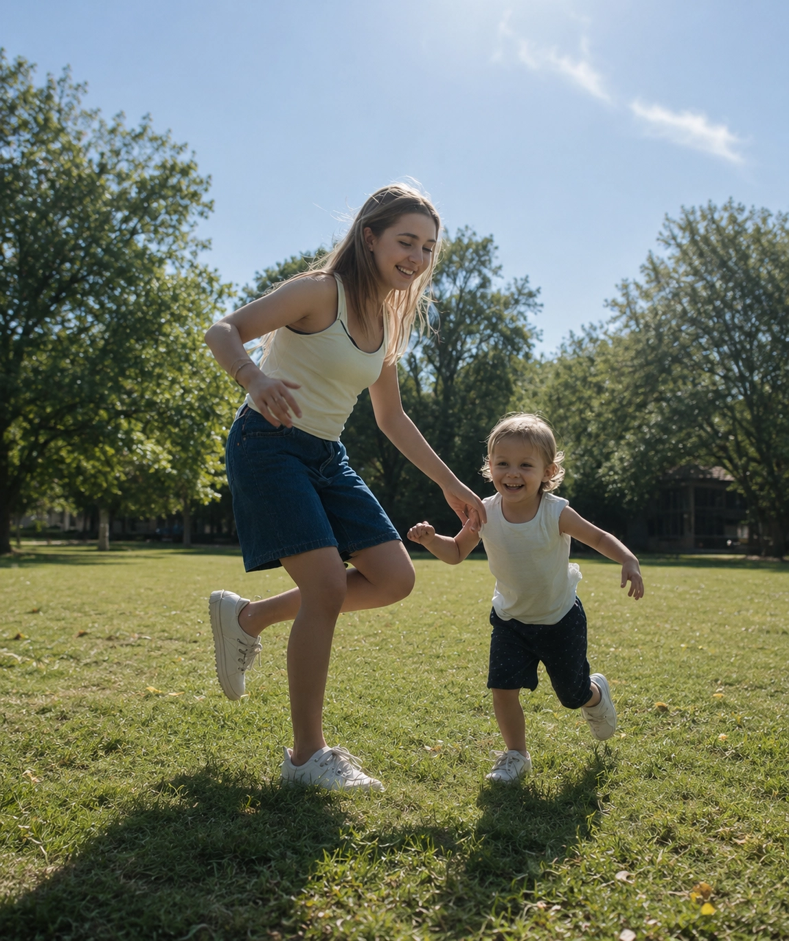 Jeune fille souriante et toute petite fille qui jouent à l'extérieur dans l'herbe ensemble.