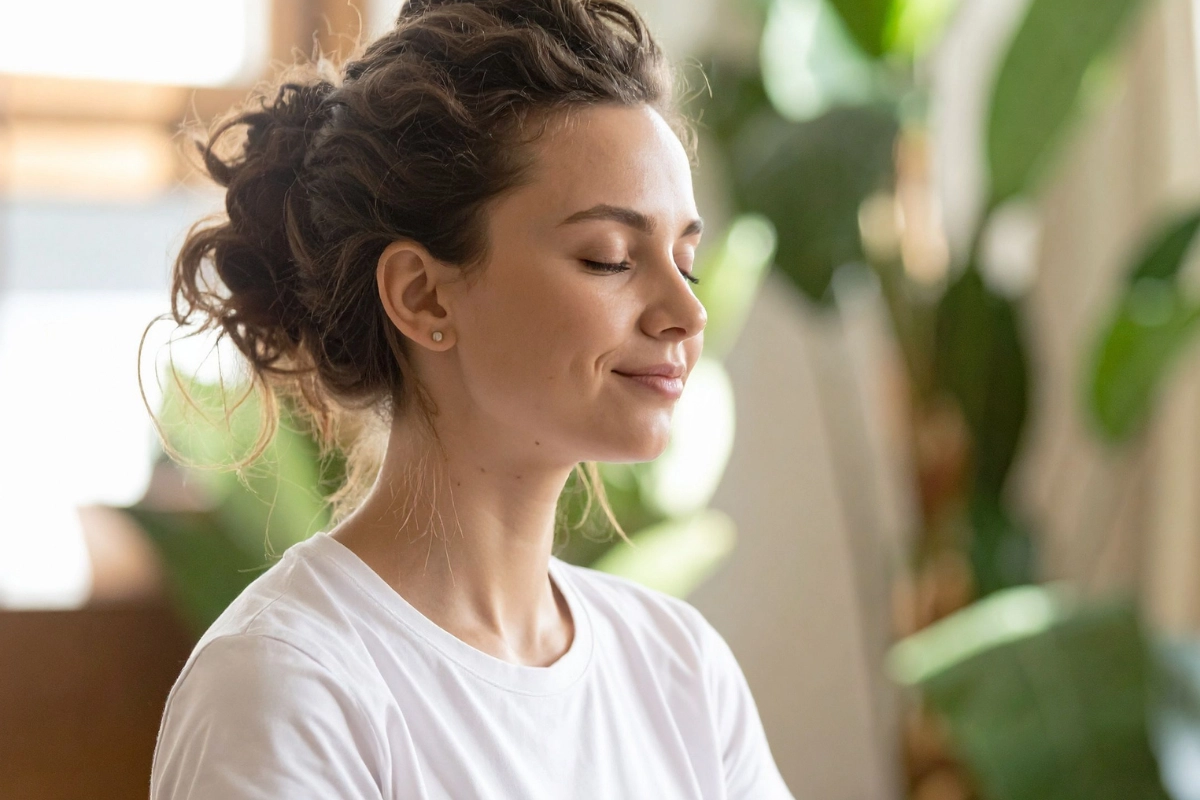 Femme paisaible, yeux fermés, visage serein, devant une grande plante verte